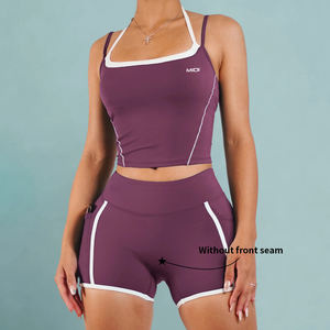 Ensemble de vêtements de sport courts personnalisés, vêtements de yoga deux pièces pour femmes, contrôle du ventre, couleur contrastée - Product Image 4