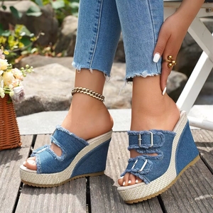 Phụ Nữ Của Thời Trang Cộng Với Kích Thước Mùa Hè Trượt Trên Nêm Denim Cao Nền Tảng Dép Dép Dép Slide Giày Dép - Product Image 5