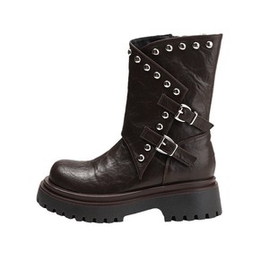 Botas de tacón alto con plataforma gruesa de cuero cepillado y remaches estilo motero para mujer, a media pantorrilla, de nueva tendencia 2026 - Product Image 5