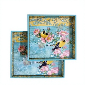 Juego de Bandejas Decorativas Rectangulares de Madera MDF con Diseño Floral Tradicional, 2 Piezas con Asas - Product Image 2