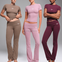 Ensemble de vêtements de yoga pour femmes, t-shirt à manches courtes moulant, pantalon de yoga évasé en coton tricoté brodé, ensemble deux pièces