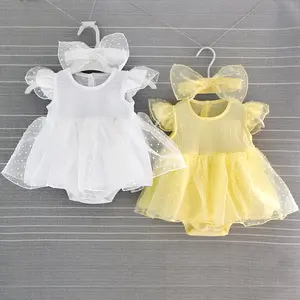 OEM Baju Bayi Perempuan Pakaian Katun Bayi Perempuan Romper Balita Baru Lahir Rok dengan Hairband Set