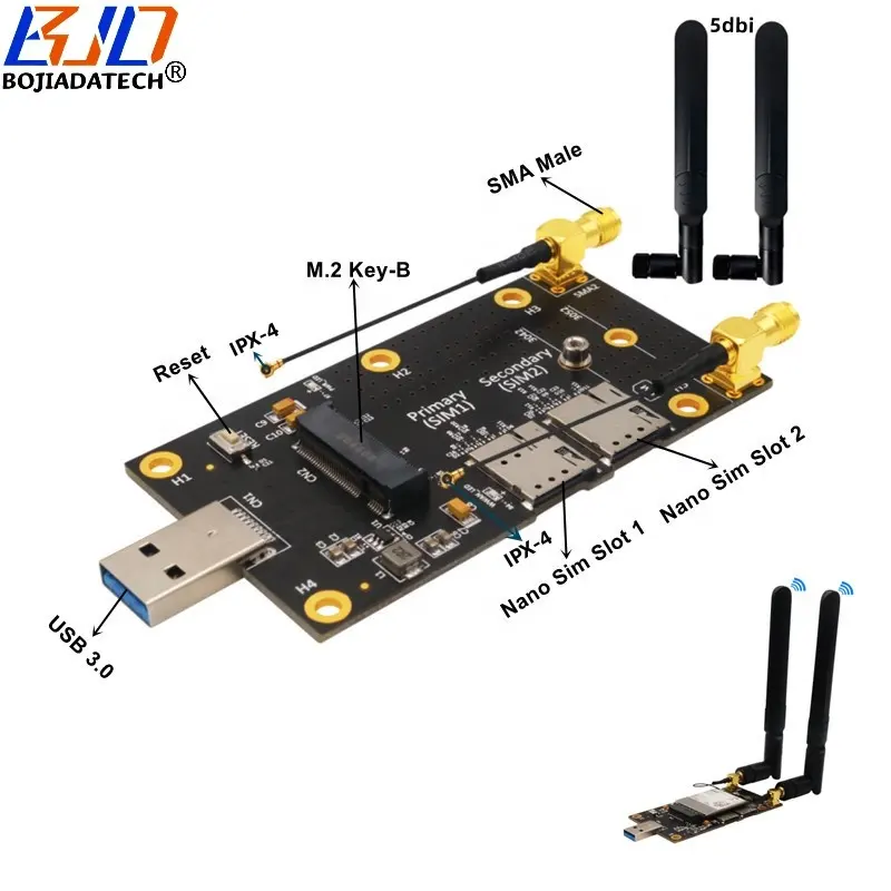 USB 3.0 Connector To NGFF M.2 B Key Wireless Adapter Card 2 Nano SIM Slot with Dual Antennas For 5G 4G LTE GSM WWAN Module