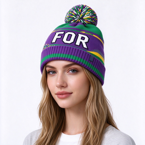 Colorful Striped <b>Pom</b> <b>Pom</b> <b>Beanie</b> Custom Jacquard Knit Acrylic Cuffed Winter Hat Embroidery Logo Unisex Adult Outdoor Wear - Product Image 1