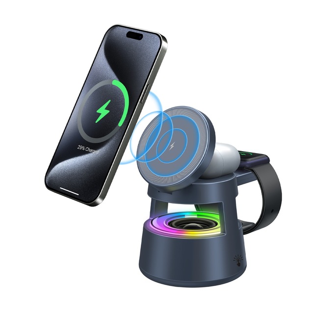 15W Wireless Charging Five-In-One Magnetic Phone Holder RGB Compatible Type-C Port for BT Speaker Charger