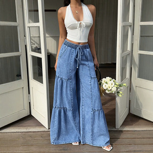 Trendy <strong>Elastic</strong> <strong>Waist</strong> Wide Leg <strong>Jeans</strong> Drawstring Ruffle Denim Pants Plus Size Loose Patchwork Long Trousers <strong>for</strong> <strong>Women</strong> - Product Image 4