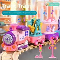 Set de Tren Eléctrico de Plástico con Locomotora de Vapor, Vagones Magnéticos, Noria y Carrusel, con Luces y Sonidos, Juguete de Encaje, Regalo para Parque de Atracciones