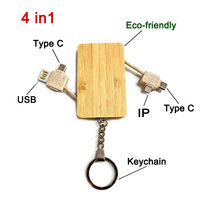 Harga Pabrik Gantungan Kunci Bambu Ramah Lingkungan Kabel Pengisi Daya 4 in 1 Usb Type-C Pengisian Cepat Kabel Data untuk Ponsel