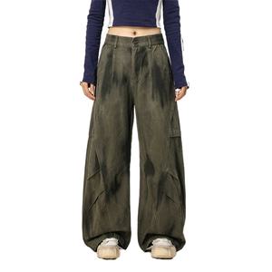 กางเกงขายส่งผ้าฝ้าย 100% ทรงพลีทสำหรับผู้หญิง สไตล์ Dirty Wash Boyfriend ทรงหลวม กางเกงคาร์โก้ผู้หญิง - Product Image 3
