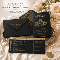 Suite d'invitations de mariage de luxe noire avec impression dorée, carte d'invitation style passeport et carte de détail RSVP