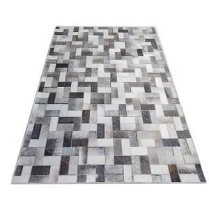 无最小起订量低价100% 聚酯拼布灰色防滑人造牛皮印花地毯