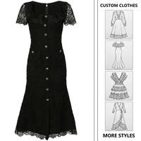 Robe longue noire en dentelle premium pour femme, écologique, unie, chic, avec col à volants, ornée de bijoux, boutonnée, taille haute, pour l'été