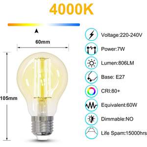 หลอดไฟ LED Antela E27 7W 806LM 4000K สีขาวกลาง ไม่สามารถหรี่แสงได้ A19 ไฟคริสต์มาส 6 แพ็ค - Product Image 2