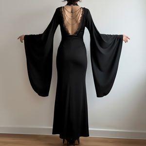 เดรสยาวทรงเมอร์เมด คอวี แขนทรงปีกค้างคาว แต่งลูกปัด ดีไซน์โกธิคสีเข้ม สวยสง่าสำหรับผู้หญิง - Product Image 5