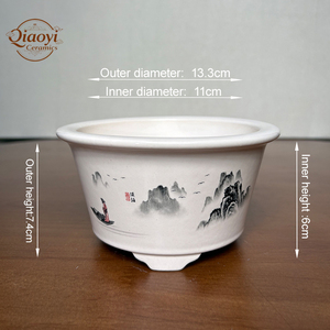 Pots à bonsaï <span class=keywords><strong>en</strong></span> céramique blanche de petite taille, faits à la main, de <span class=keywords><strong>haute</strong></span> qualité, motifs peints durables pour la présentation de fleurs et de plantes à la maison et au jardin - Product Image 2