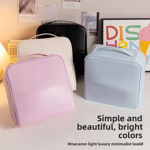 Grande trousse de maquillage en PU imperméable à grande capacité avec ouverture latérale, organiseur de voyage pour cosmétiques avec porte-pinceaux, poche en filet et poignée - Product Image 2