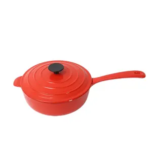 High Quality Round Shape With Single Handle Pot Coating Red Color Cast Iron Enamel Casserole Sauce Pot And Pans