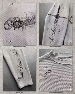 Camiseta Personalizada con Estampado DTG, Tela Waffle, Diseño de Calavera, Estilo Desgastado, Manga Larga, para Streetwear - Product Image 2