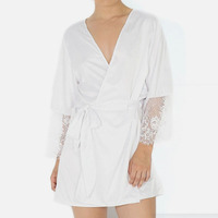 Robe courte en satin de soie pour femme avec manches en dentelle et nœud sur le devant, confortable et luxueuse, style babydoll, taille unique, imprimé pour le printemps, ensemble de pyjama personnalisé pour femme