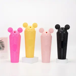 Cute Mouse Ear Mickey Double Wall Plastic Stadium Travel Reusable Cup Mug With Straw And Lid