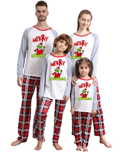 Cartoon Grinch Christmas Loungewear Sleep Suit pour les femmes Wholesale Summer Collection-White Printed Top Red Plaid Pants Pajamas - Product Image 1