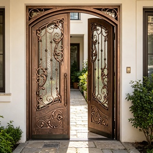 Porte double manuelle en fer forgé moderne avec verre trempé, porte d'entrée ornée forgée à la main pour villa et maison de luxe - Product Image 3