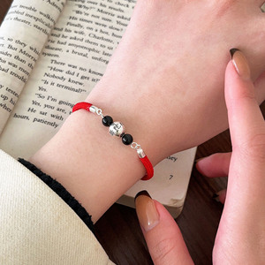 S925 Sterling <b>Silver</b> Buddhist <b>Beads</b> Red Rope Bracelet Women's Everyday Wear Agate Ball Shape Diy Braided Jewelry - Product Image 4