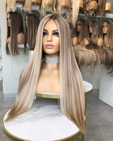 Perruque Lace Frontal Wig HD Invisible, cheveux humains bruts, couleur blond cendré, à reflets, pour femme