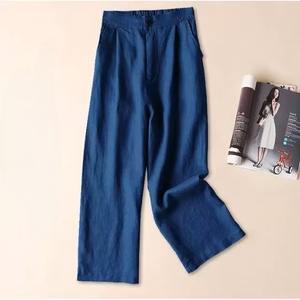 Style japonais femmes 100% pantalons en lin pur pantalons amples <span class=keywords><strong>avec</strong></span> poches décontracté Style simple <span class=keywords><strong>pantalon</strong></span> doux et confortable - Product Image 2