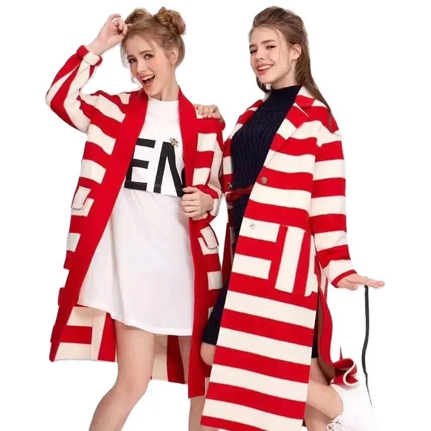 Long red and white stripe suit collar wool casual 2020 jackets and coats for women