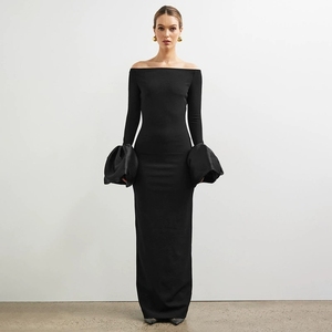 Elegante Abito Lungo con Spalle Scoperte e Maniche Lunghe, <span class=keywords><strong>Glamour</strong></span> Senza Tempo in Nero, Vestito Sexy da <span class=keywords><strong>Donna</strong></span> per l'Autunno - Product Image 1