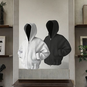 Nouveau sweat-shirt à capuche court et large en tricot uni à fermeture éclair vintage, lourd, pour unisexe, avec logo personnalisé - Product Image 3