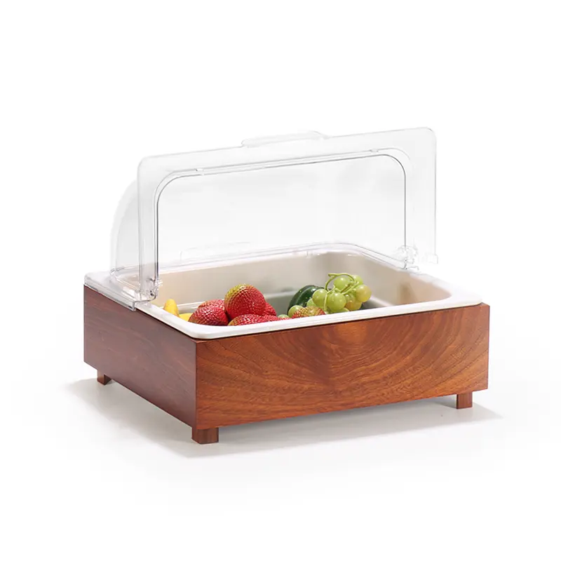 Buffet cake Dim sum display tray with dust cover rectangular wooden frame double grid transparent plastic cover