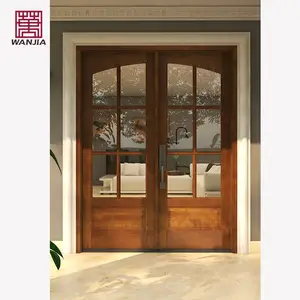 WANJIA Main Wooden Gate Entrance Double Door Customized Modern Casement Solid Wood Entry Doors