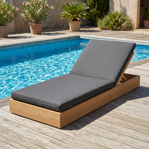 Sillón de Exterior con Cojín de Tela de Poliéster Gris, Estructura de Madera de Teca, Diseño Moderno sin Brazos, Resistente a los Rayos UV, para el Borde de la Piscina - Product Image 3