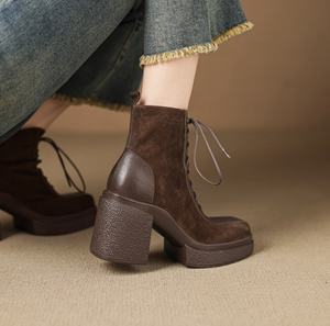 Chaussures en cuir pour femmes, à semelle épaisse, en cuir de vache et peau de mouton, style business casual, respirantes et imperméables. Bottines western - Product Image 4