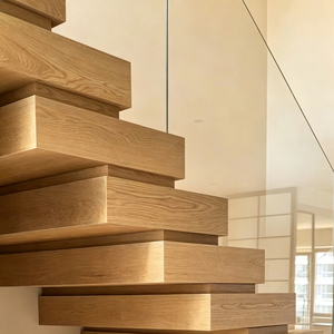 Scala a U Moderna con Piattaforma, Gradini in Legno <span class=keywords><strong>e</strong></span> Balaustra in Vetro per Residenze Duplex - Product Image 4