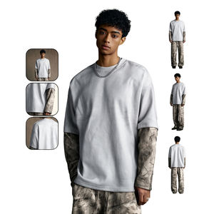 T-Shirt da Uomo Oversize Streetwear OEM a Maniche Lunghe Personalizzata con Design a Polsini Stratificati Mimetici - Product Image 1