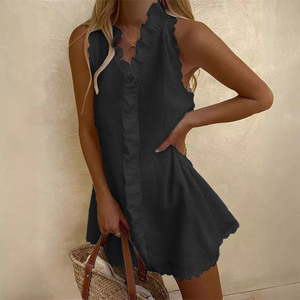 Vestido Casual de Algodón y Lino para Mujer, Color Sólido, con Falda con Volantes Bordados - Product Image 2