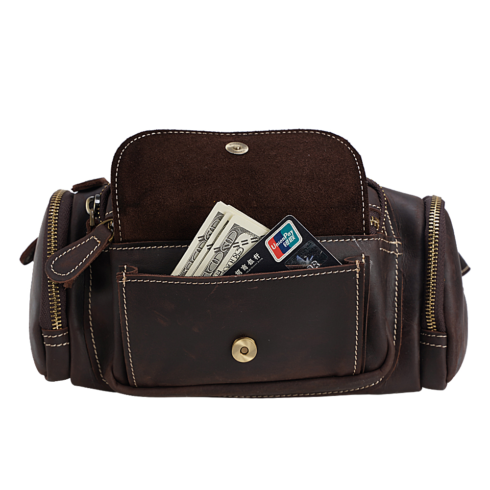 TIDING Vintage Brown Crazy Horse Leather Waist Bag – Large Capacity Cowhide Fanny Pack - View 2