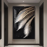 Peinture murale abstraite moderne de luxe léger sur le thème des plumes pour entrée et salon avec cadre métallique