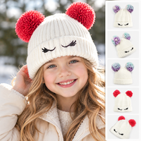Casquette tricotée unisexe pour enfants, douce et mignonne, avec double pompon et broderie, 100% acrylique côtelé, chaude pour l'automne, idéale pour les séances photo d'anniversaire de bébé