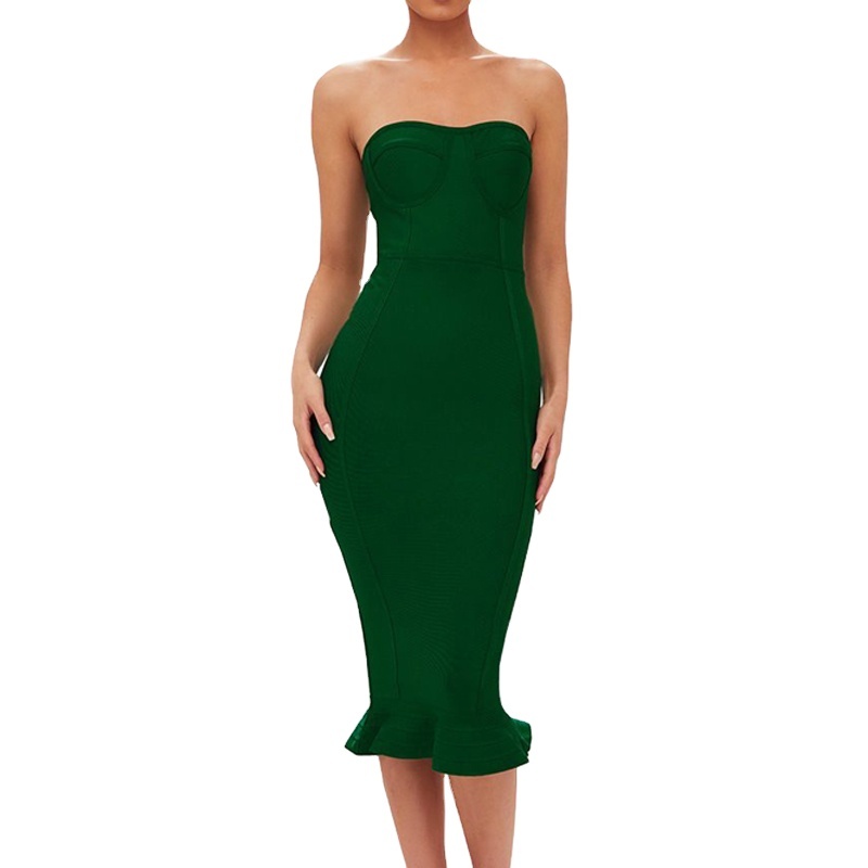 emerald green bandage frill hem bodycon dress Custom Women Strapless Midi Dress pattern_White Flower