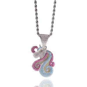 Collar de Moda con Colgante de Cabeza de Unicornio de Fantasía, 1.5 Pulgadas, Plata de Ley 925, Chapado en Oro Rosa, con Moissanita - Product Image 1