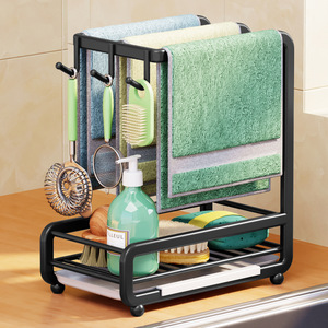 Organisateur d'évier de cuisine avec porte-serviettes et <span class=keywords><strong>bac</strong></span> de récupération d'eau - Fixation adhésive, crochets en acier inoxydable, idéal pour comptoir ou mur - Product Image 2