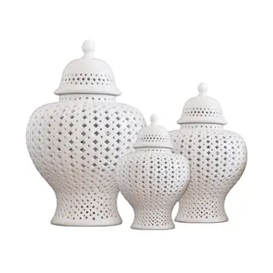 RYZS53-A set keramik desain kisi warna putih krim 3 stoples jahe porselen