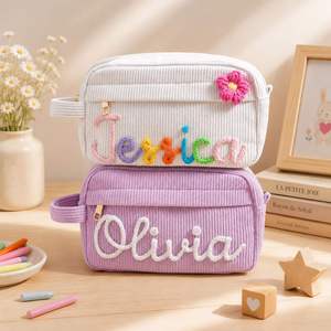 Aesthetic Personalized Toiletry <b>Bag</b>, Cute Custom Corduroy Makeup <b>Bag</b>, Pencil Pouch & Retro Cosmetic Organizer - Product Image 4