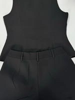 Ensemble tailleur short et blazer deux pièces sans manches à col en V boutonné pour femme, noir uni, respirant, décontracté, pour le bureau