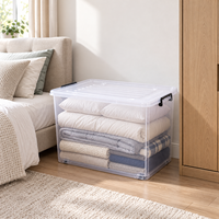 Boîte de rangement en plastique PP transparente de 90 L, empilable, avec roulettes, pour chambre à coucher, placard, vêtements, literie