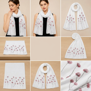 <b>White</b> Floral Viscose Solid Dyed Scarf Lightweight Soft Long Shawl Wrap for Women Daily Wear Travel and Gift - Product Image 3
